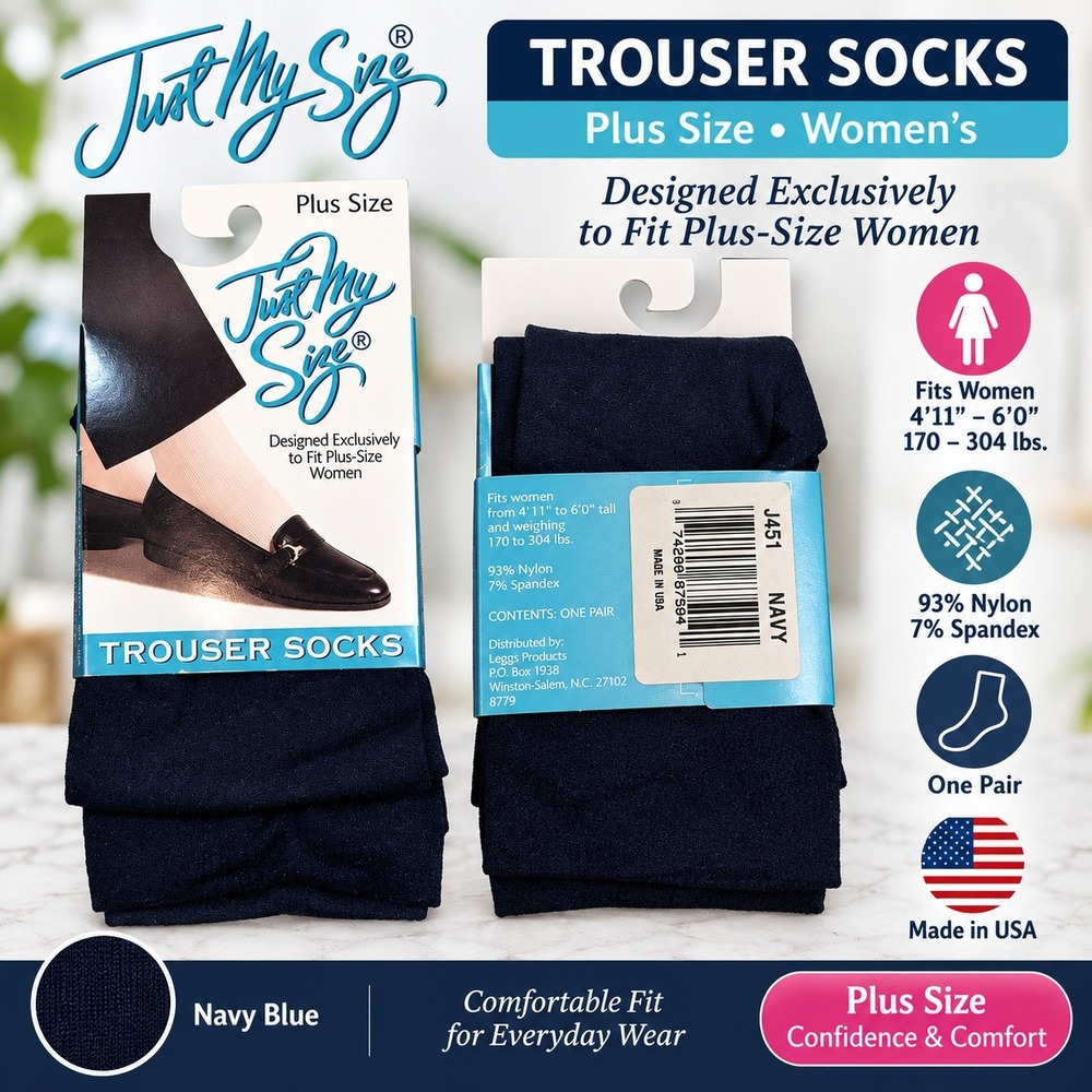 Just My Size Plus Size Trouser Socks Navy Blue Womens J451 Made in USA One Pair